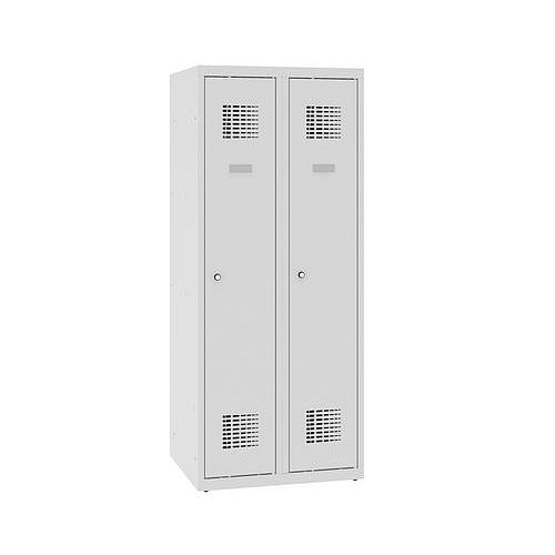 Snížená školní šatní skříň, 2 sloupce, 300 mm, šedá/šedá, tříbodový cylindrický zámek