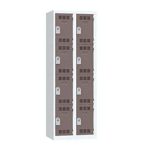 Svařovaná šatní skříň Vinco, 2 sloupce, 8 boxů, 300 mm, cylindrický zámek, šedá/hnědá