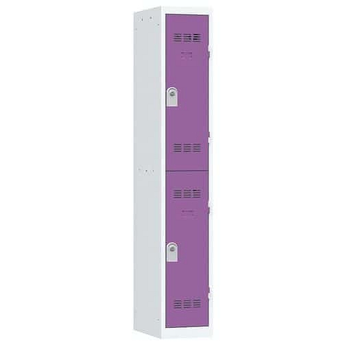 Svařovaná šatní skříň Vinco, 1 sloupec, 2 boxy, 300 mm, cylindrický zámek, šedá/fialová