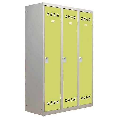 Svařovaná šatní skříň Vinco s mezistěnou, 3 oddíly, 400 mm, cylindrický zámek, šedá/zelená