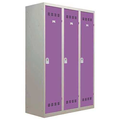 Svařovaná šatní skříň Vinco s mezistěnou, 3 oddíly, 400 mm, cylindrický zámek, šedá/fialová