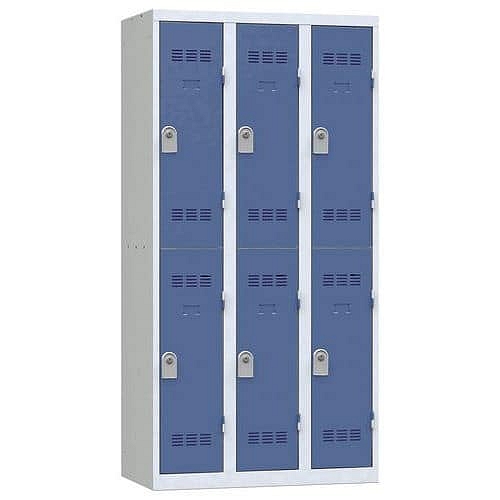 Svařovaná šatní skříň Vinco, 3 sloupce, 6 boxů, 300 mm, cylindrický zámek, šedá/modrá