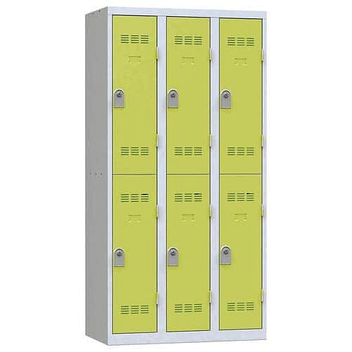 Svařovaná šatní skříň Vinco, 3 sloupce, 6 boxů, 300 mm, cylindrický zámek, šedá/zelená