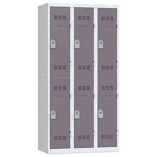 Svařovaná šatní skříň Vinco, 3 sloupce, 6 boxů, 300 mm, cylindrický zámek, šedá/hnědá