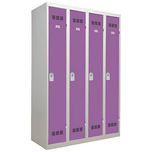 Svařovaná šatní skříň Vinco, 4 oddíly, 300 mm, cylindrický zámek, šedá/fialová