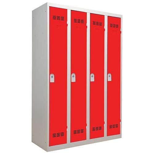 Svařovaná šatní skříň Vinco, 4 oddíly, 300 mm, cylindrický zámek, šedá/červená