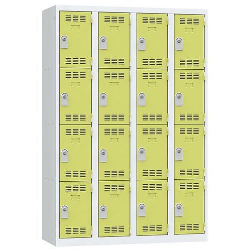 Svařovaná šatní skříň Vinco, 4 sloupce, 16 boxů, 300 mm, cylindrický zámek, šedá/zelená