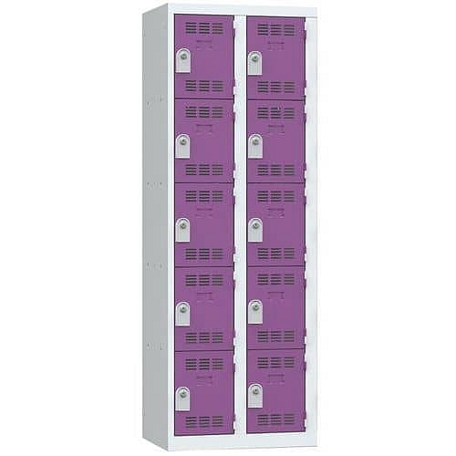 Svařovaná šatní skříň Vinco, 2 sloupce, 10 boxů, 300 mm, cylindrický zámek, šedá/fialová