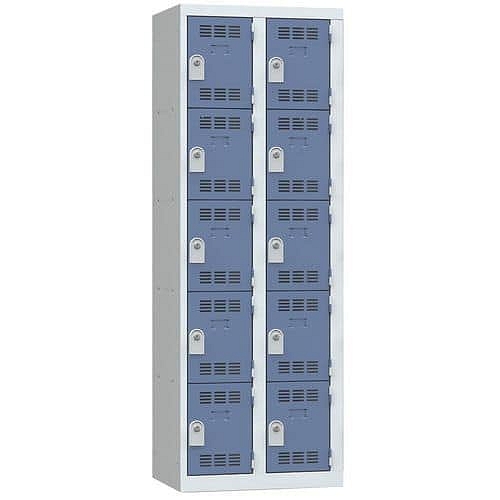 Svařovaná šatní skříň Vinco, 2 sloupce, 10 boxů, 300 mm, cylindrický zámek, šedá/modrá