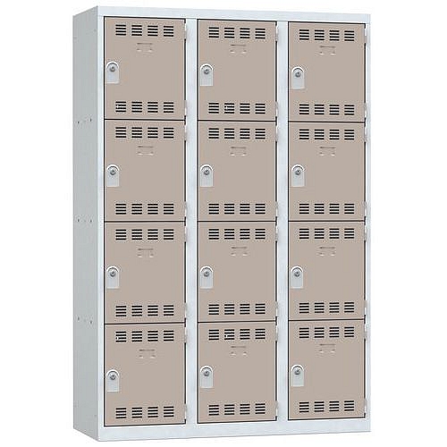 Svařovaná šatní skříň Vinco, 3 sloupce, 12 boxů, 400 mm, cylindrický zámek, šedá/hnědá