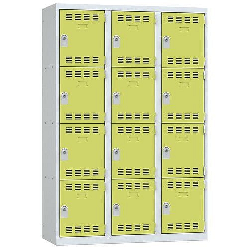 Svařovaná šatní skříň Vinco, 3 sloupce, 12 boxů, 400 mm, cylindrický zámek, šedá/zelená