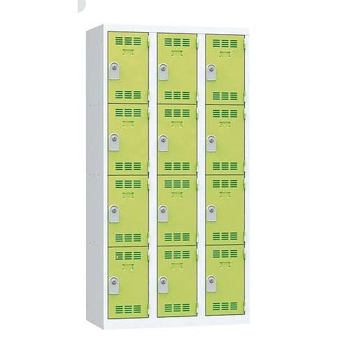 Svařovaná šatní skříň Vinco, 3 sloupce, 12 boxů, 300 mm, cylindrický zámek, šedá/zelená