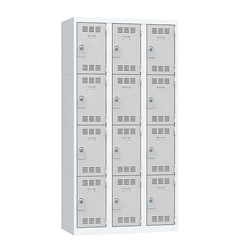 Svařovaná šatní skříň Vinco, 3 sloupce, 12 boxů, 300 mm, cylindrický zámek, šedá/šedá