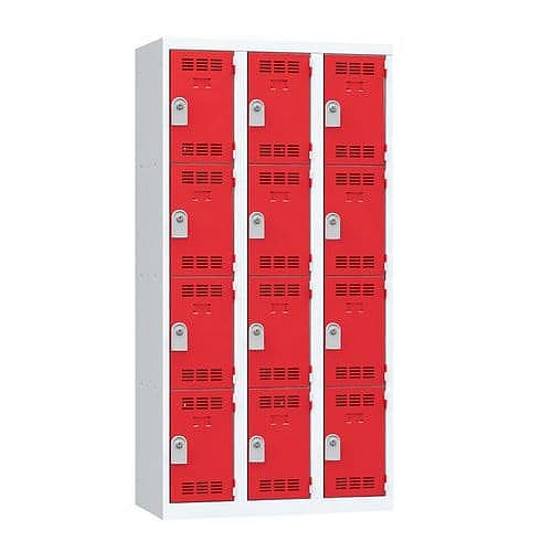 Svařovaná šatní skříň Vinco, 3 sloupce, 12 boxů, 300 mm, cylindrický zámek, šedá/červená