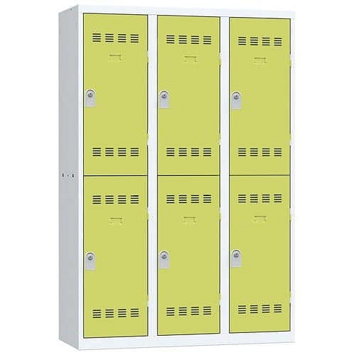 Svařovaná šatní skříň Vinco, 3 sloupce, 6 boxů, 400 mm, cylindrický zámek, šedá/zelená