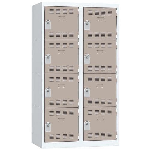 Svařovaná šatní skříň Vinco, 2 sloupce, 8 boxů, 400 mm, cylindrický zámek, šedá/hnědá
