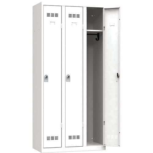 Svařovaná šatní skříň Vinco, 3 oddíly, 300 mm, otočný uzávěr, bílá/bílá/bílá/bílá