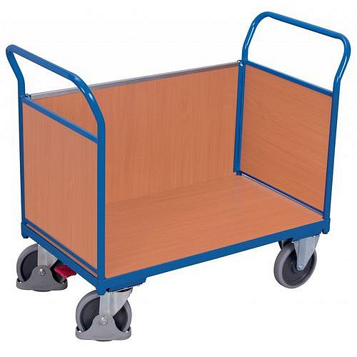 Plošinový vozík se dvěma madly s plnou výplní a boční stěnou, do 500 kg, 101,5 x 139 x 80 cm, modrý