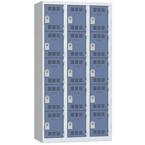 Svařovaná šatní skříň Vinco, 3 sloupce, 15 boxů, 300 mm, cylindrický zámek, šedá/modrá