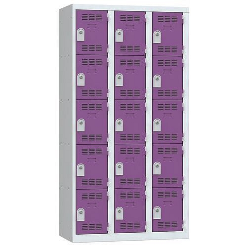 Svařovaná šatní skříň Vinco, 3 sloupce, 15 boxů, 300 mm, cylindrický zámek, šedá/fialová