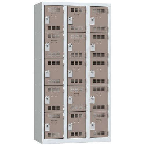 Svařovaná šatní skříň Vinco, 3 sloupce, 15 boxů, 300 mm, cylindrický zámek, šedá/hnědá