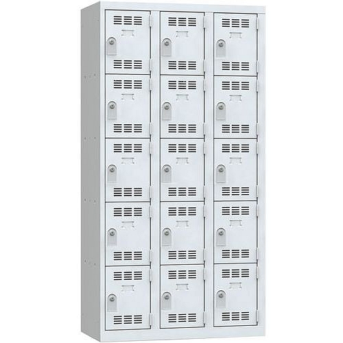 Svařovaná šatní skříň Vinco, 3 sloupce, 15 boxů, 300 mm, cylindrický zámek, šedá/šedá