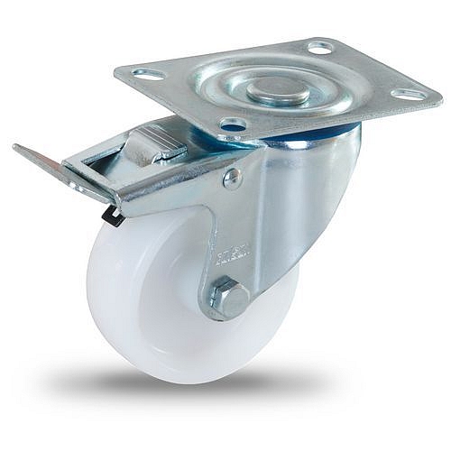Polypropylenové transportní kolo s přírubou, průměr 80 mm, otočné s brzdou, kluzné ložisko