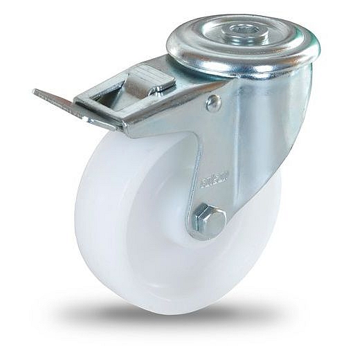 Polypropylenové transportní kolo se středovým otvorem, průměr 100 mm, otočné s brzdou, kluzné ložisko
