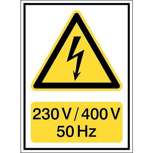 Značka nebezpečí – „Pozor, elektrické napětí: 230 V/400 V/50 HZ“ – polypropylen