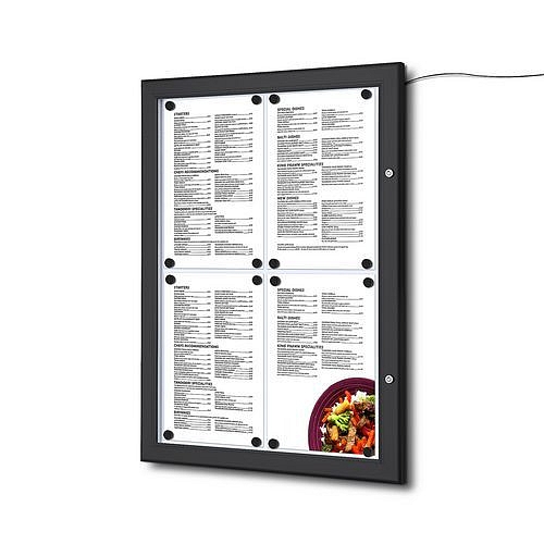 Osvětlená magnetická vitrína Menu Black, jednokřídlá, 4 x A4