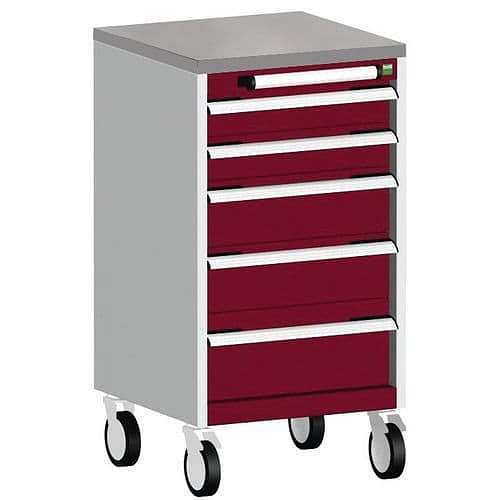 Mobilní zásuvková skříň Bott Cubio, 89 x 52,5 x 52,5 cm, 5 zásuvek, linoleum, šedá-červená