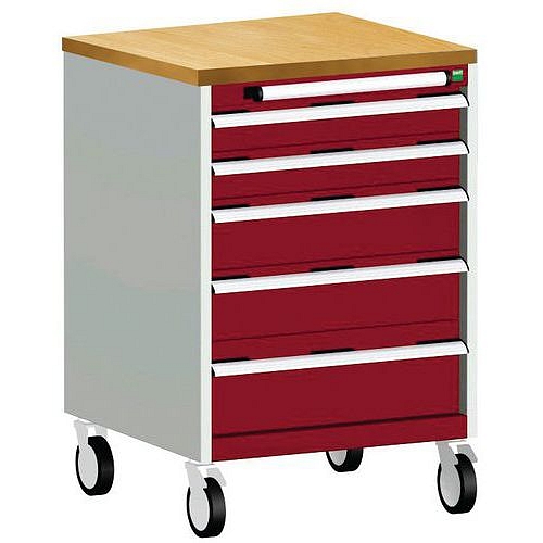 Mobilní zásuvková skříň Bott Cubio, 99 x 65 x 65 cm, 5 zásuvek, multiplex, šedá-červená
