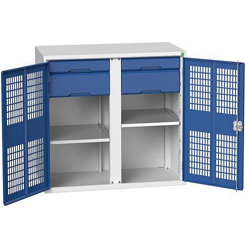 Kovová skříň pro údržbu Bott Verso, drátěné dveře, 100 x 105 x 55 cm, 2 police, 4 zásuvky, šedá-modrá