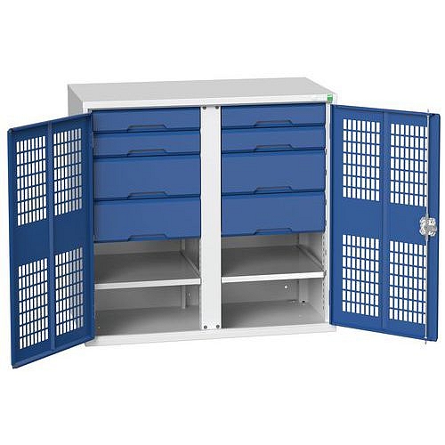 Kovová skříň pro údržbu Bott Verso, drátěné dveře, 100 x 105 x 55 cm, 2 police, 8 zásuvek, šedá-modrá