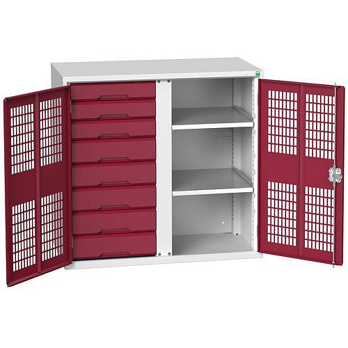 Kovová skříň pro údržbu Bott Verso, drátěné dveře, 100 x 105 x 55 cm, 2 police, 8 zásuvek, šedá-červená