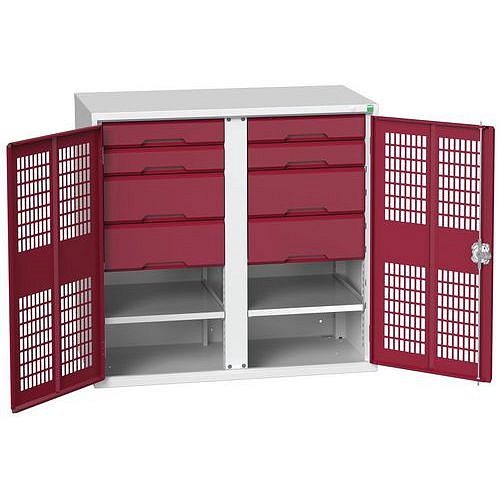 Kovová skříň pro údržbu Bott Verso, drátěné dveře, 100 x 105 x 55 cm, 2 police, 8 zásuvek, šedá-červená