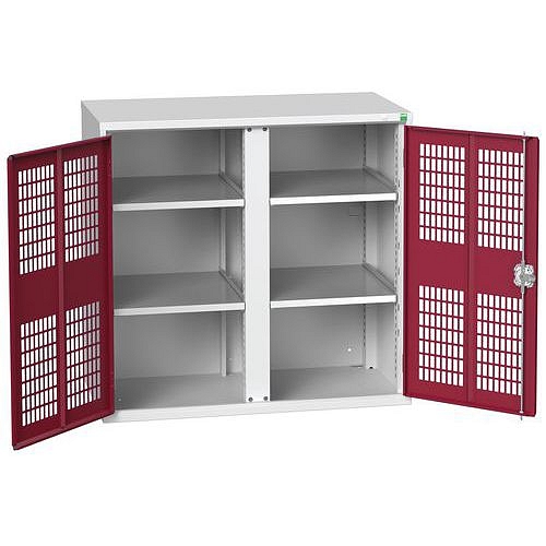 Kovová skříň pro údržbu Bott Verso, drátěné dveře, 100 x 105 x 55 cm, 4 police, šedá-červená
