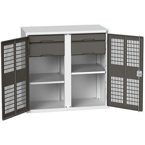 Kovová skříň pro údržbu Bott Verso, drátěné dveře, 100 x 105 x 55 cm, 2 police, 4 zásuvky, šedá-antracit