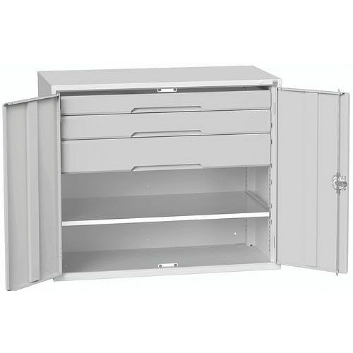Dílenská skříň se zásuvkami Bott Verso, 100 x 130 x 55 cm, 1 police, 3 zásuvky, šedá-šedá