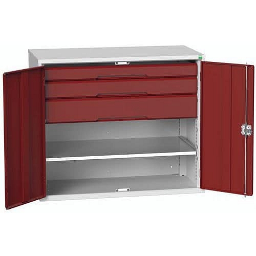 Dílenská skříň se zásuvkami Bott Verso, 100 x 130 x 55 cm, 1 police, 3 zásuvky, šedá-červená