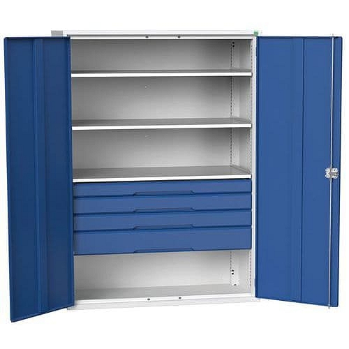 Dílenská skříň se zásuvkami Bott Verso, 200 x 130 x 55 cm, 3 police, 4 zásuvky, šedá-modrá