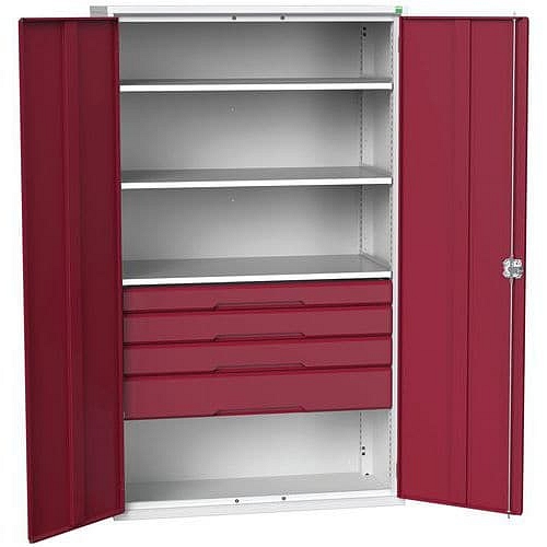 Dílenská skříň se zásuvkami Bott Verso, 200 x 130 x 55 cm, 3 police, 4 zásuvky, šedá-červená