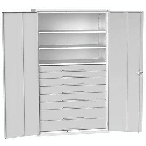 Dílenská skříň se zásuvkami Bott Verso, 200 x 130 x 55 cm, 3 police, 8 zásuvky, šedá-šedá