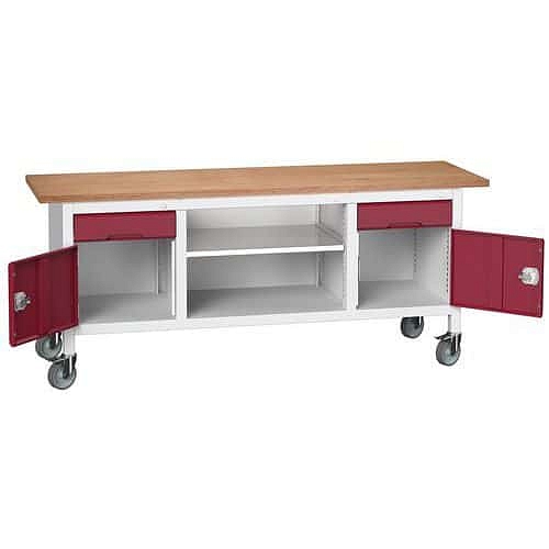 Mobilní dílenský stůl Bott Verso Storage, 200 x 60 x 83 cm, multiplex, 2 zásuvky, 1 police, 2 skříňky, šedá-červená