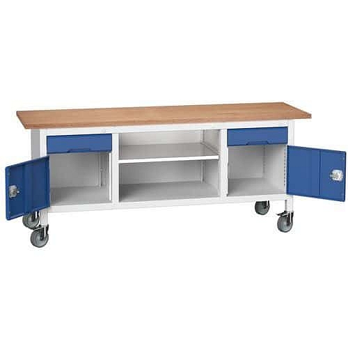 Mobilní dílenský stůl Bott Verso Storage, 200 x 60 x 83 cm, multiplex, 2 zásuvky, 1 police, 2 skříňky, šedá-modrá