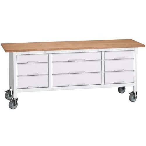 Mobilní dílenský stůl Bott Verso Storage, 200 x 60 x 83 cm, multiplex, 9 zásuvek, šedá-šedá