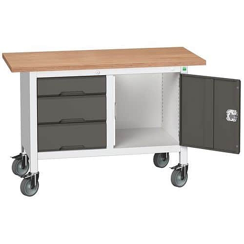 Mobilní dílenský stůl Bott Verso Storage, 125 x 60 x 83 cm, multiplex, 3 zásuvky, 1 skříňky, šedá-antracit
