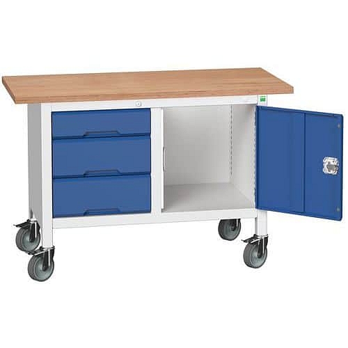 Mobilní dílenský stůl Bott Verso Storage, 125 x 60 x 83 cm, multiplex, 3 zásuvky, 1 skříňky, šedá-modrá