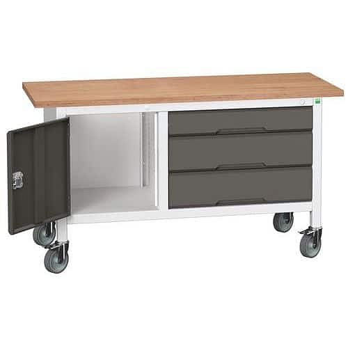 Mobilní dílenský stůl Bott Verso Storage, 150 x 60 x 83 cm, multiplex, 3 zásuvky, 1 skříňka, šedá-antracit