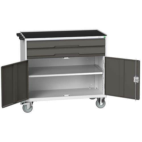 Mobilní pracovní stůl se zásuvkami Bott Verso, 96,5 x 105 x 55 cm, 2 zásuvky, skříňka, rohož, šedá-antracit